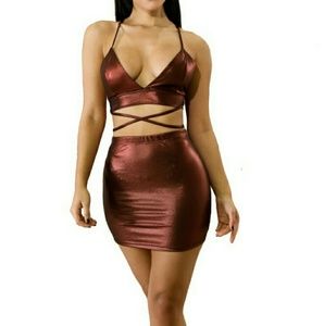 PU Strappy Solid Color Sexy Two-Piece Set